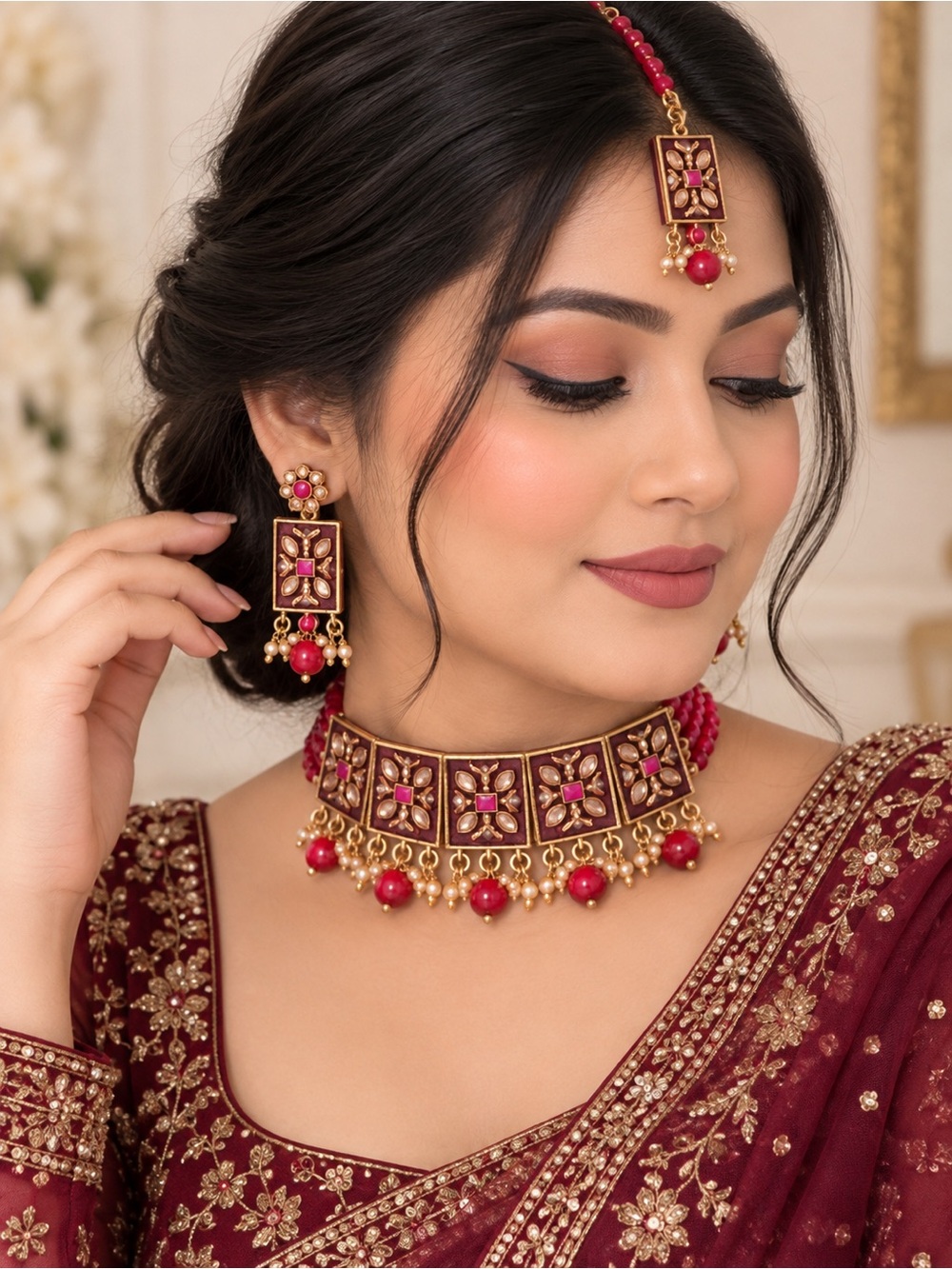 Elegant Maroon and Gold Choker Necklace Set by